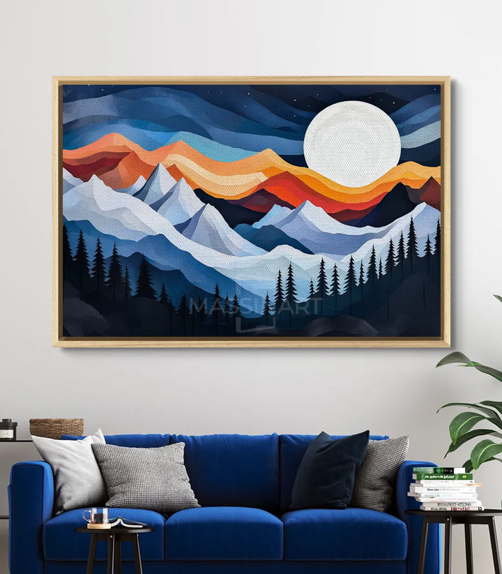 Tableau Moonlit Peaks mise en situation salon décoration intérieur moderne Massinart