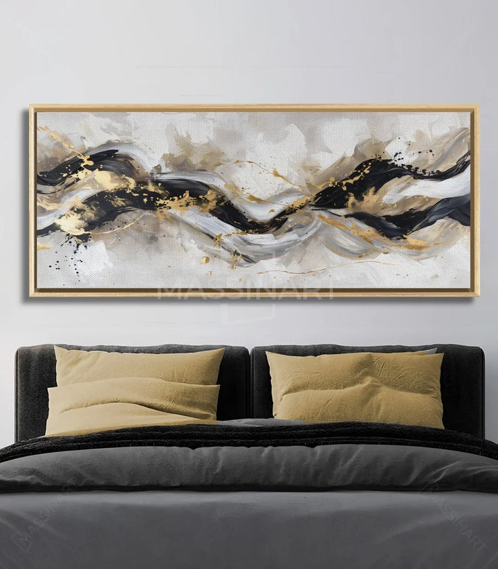 Tableau abstrait Surge panoramique Massinart — détail textures or et noir