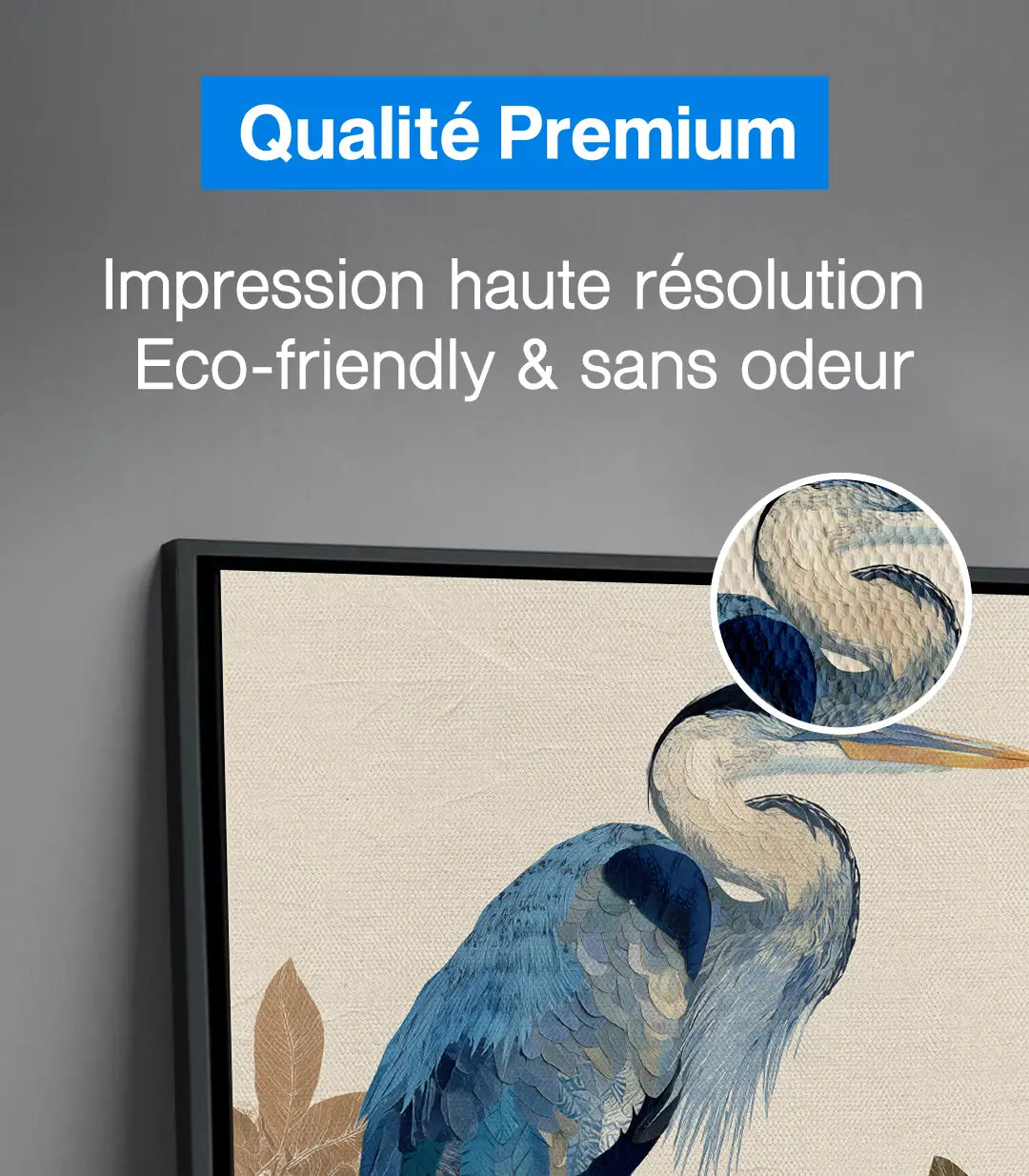 Tableau héron bleu dans séjour moderne — mise en scène décoration Massinart