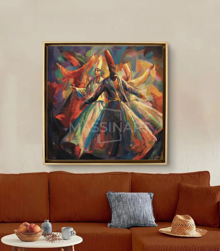 Tableau Dervish Dance carré — derviche robe blanche tons orange et bleu Massinart