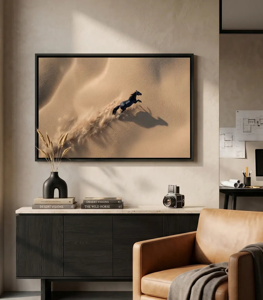 Tableau cheval noir galopant sur dunes dorées, style photo-art Massinart