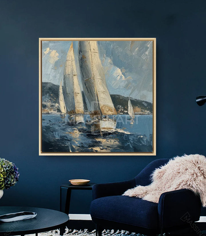 Décoration intérieur bureau, voiliers paysage marin cadre noir, Massinart