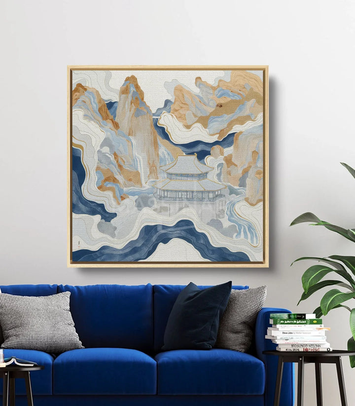 Tableau paysage asiatique minimaliste, détail contours ondulants bleu et terracotta Massinart