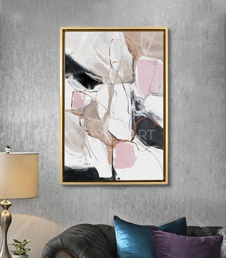 Mise en situation salon moderne, tableau Pink Touch cadre noir, décoration intérieur Massinart