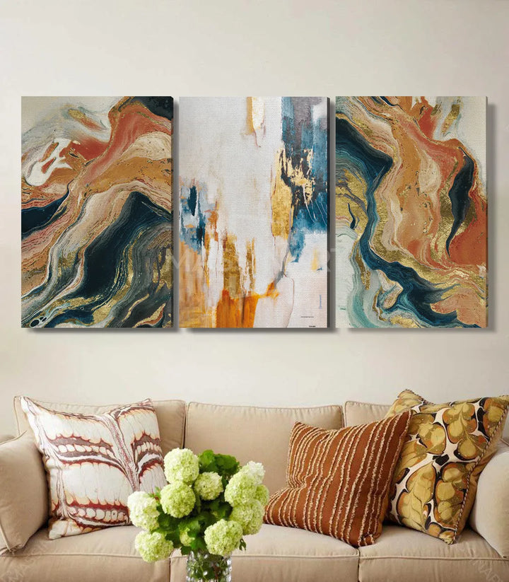 Mise en situation Salon moderne — triptyque Affection au-dessus canapé beige, Massinart