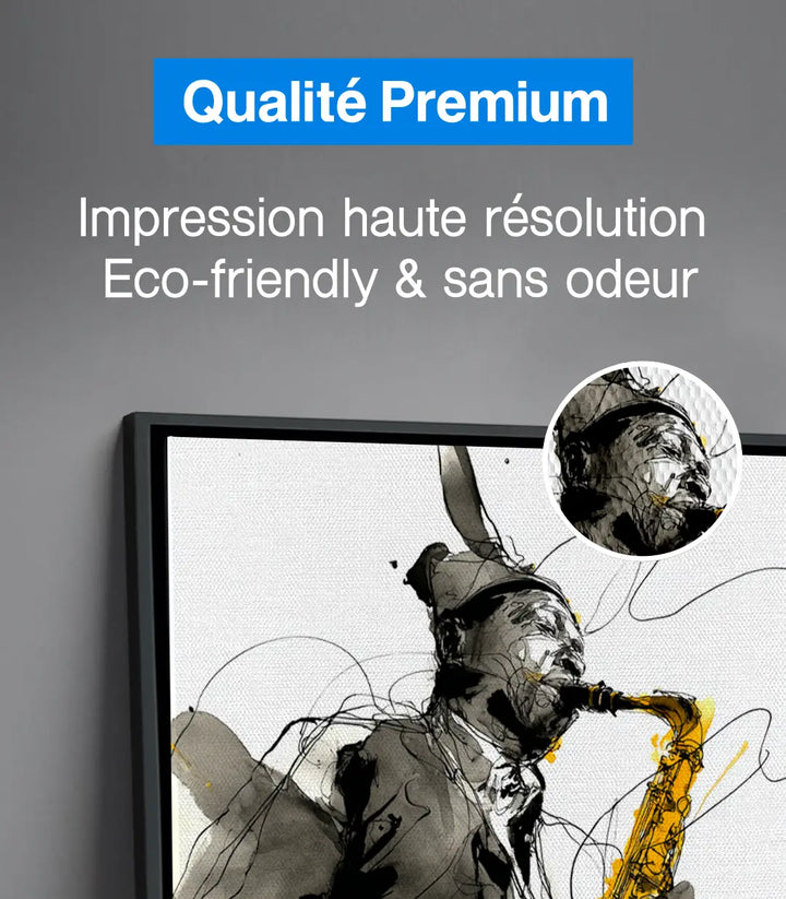 Tableau Jazz Reverie encadré noir moderne — portrait saxophoniste Massinart