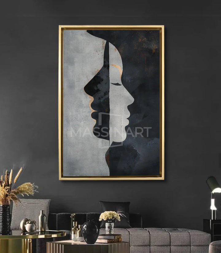 Mise en situation salon moderne Inward Gaze Massinart — décoration intérieur mur gris
