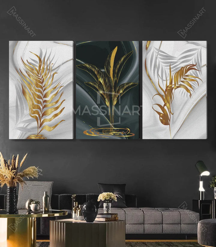 Mise en situation triptyque feuilles bananiers salon moderne noir Massinart