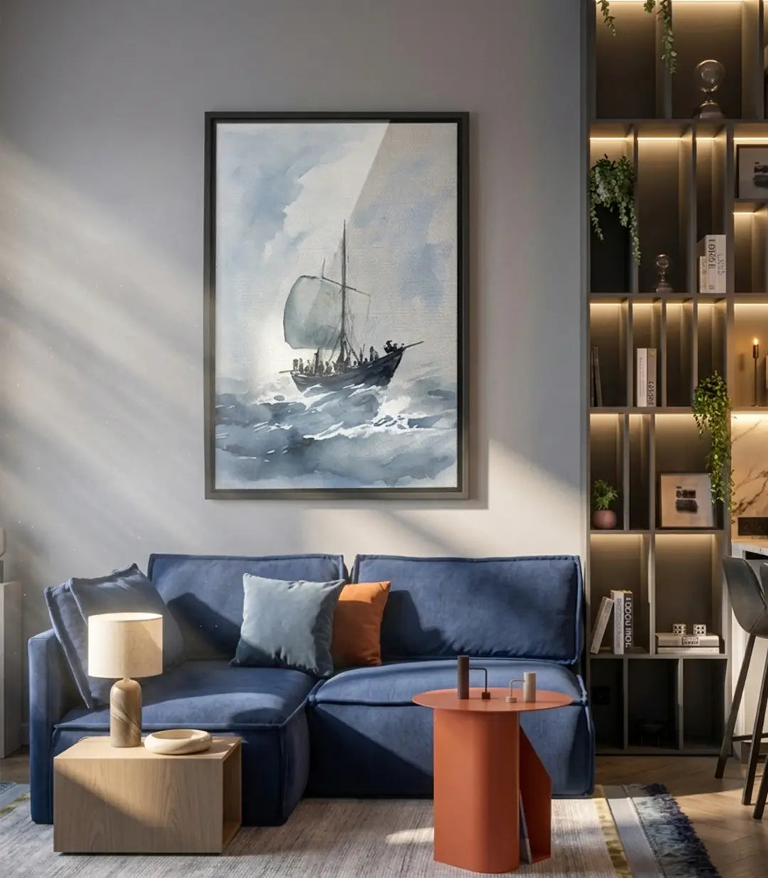 Tableau Gale Voyage bateau voile tempête aquarelle bleu Massinart