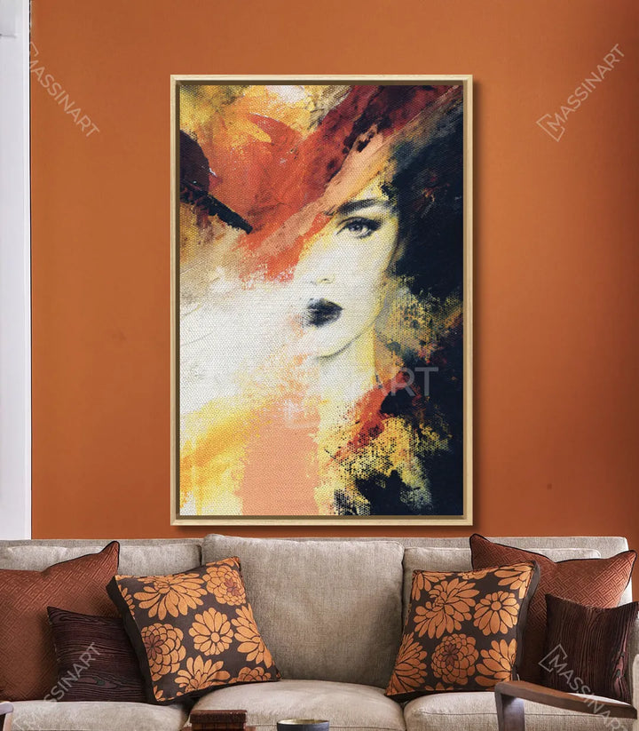 Tableau portrait femme vertical encadré noir, mise en place intérieure Massinart