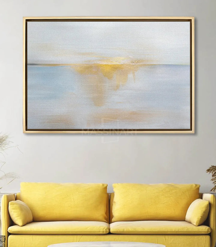 Mise en situation salon moderne Sea Sunrise encadré noir mur blanc Massinart