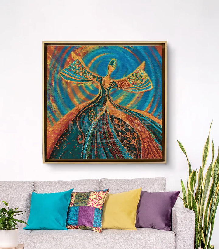 Tableau Derviche Tourneuse en mise en situation salon marocain moderne Massinart