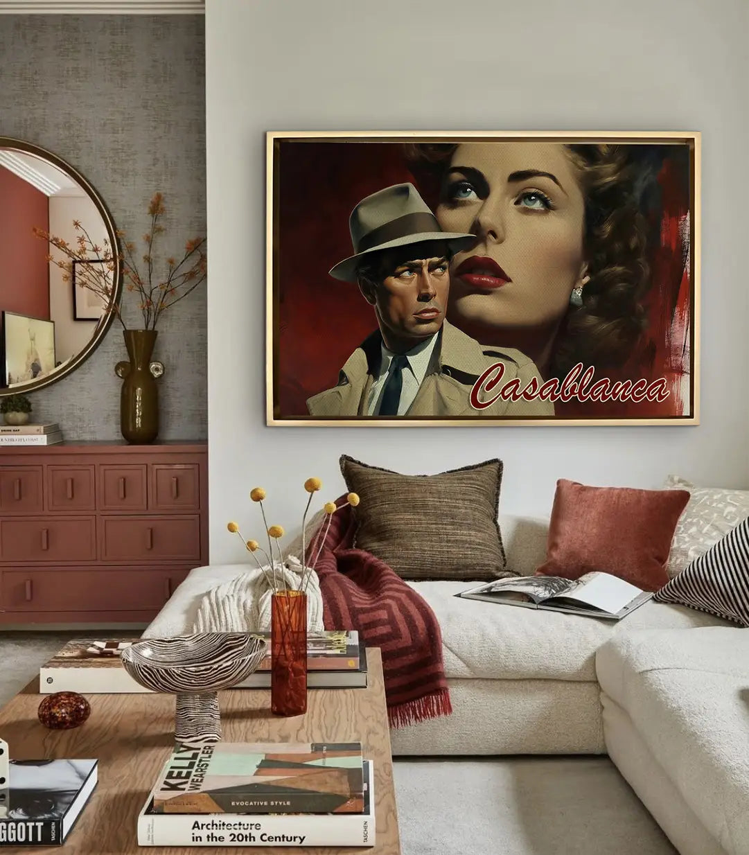 Mise en situation salon moderne — Tableau Casablanca accroché au mur blanc avec canapé beige et décoration rétro Massinart