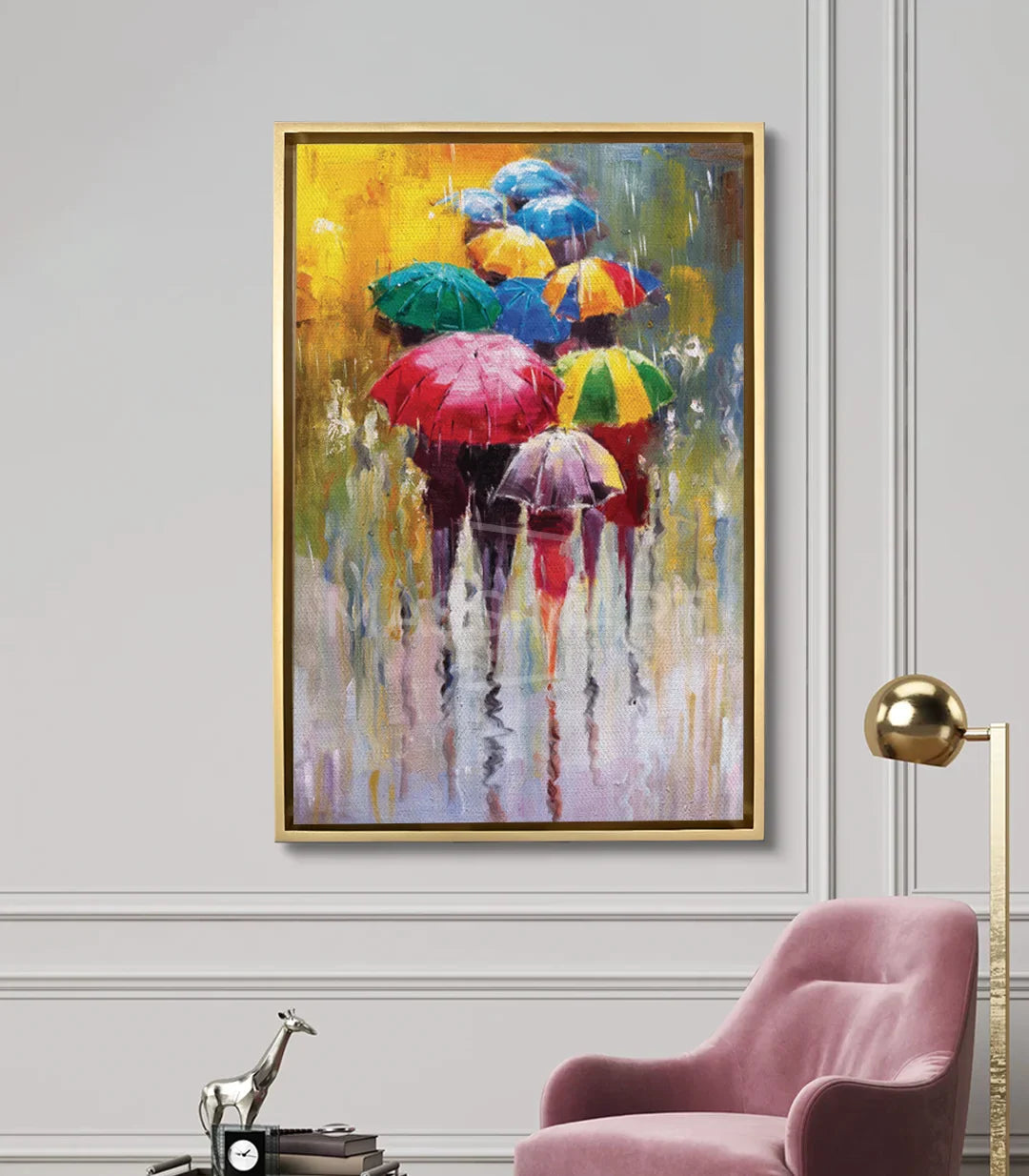 Mise en situation salon moderne — Tableau parapluies colorés décoration murale Massinart
