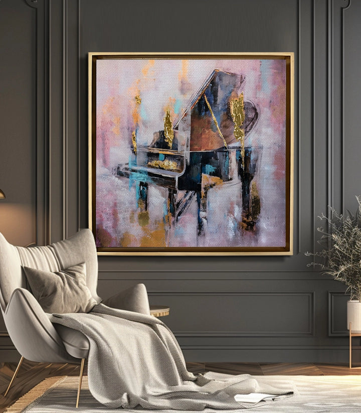 Mise en situation salon moderne tableau piano abstrait Massinart