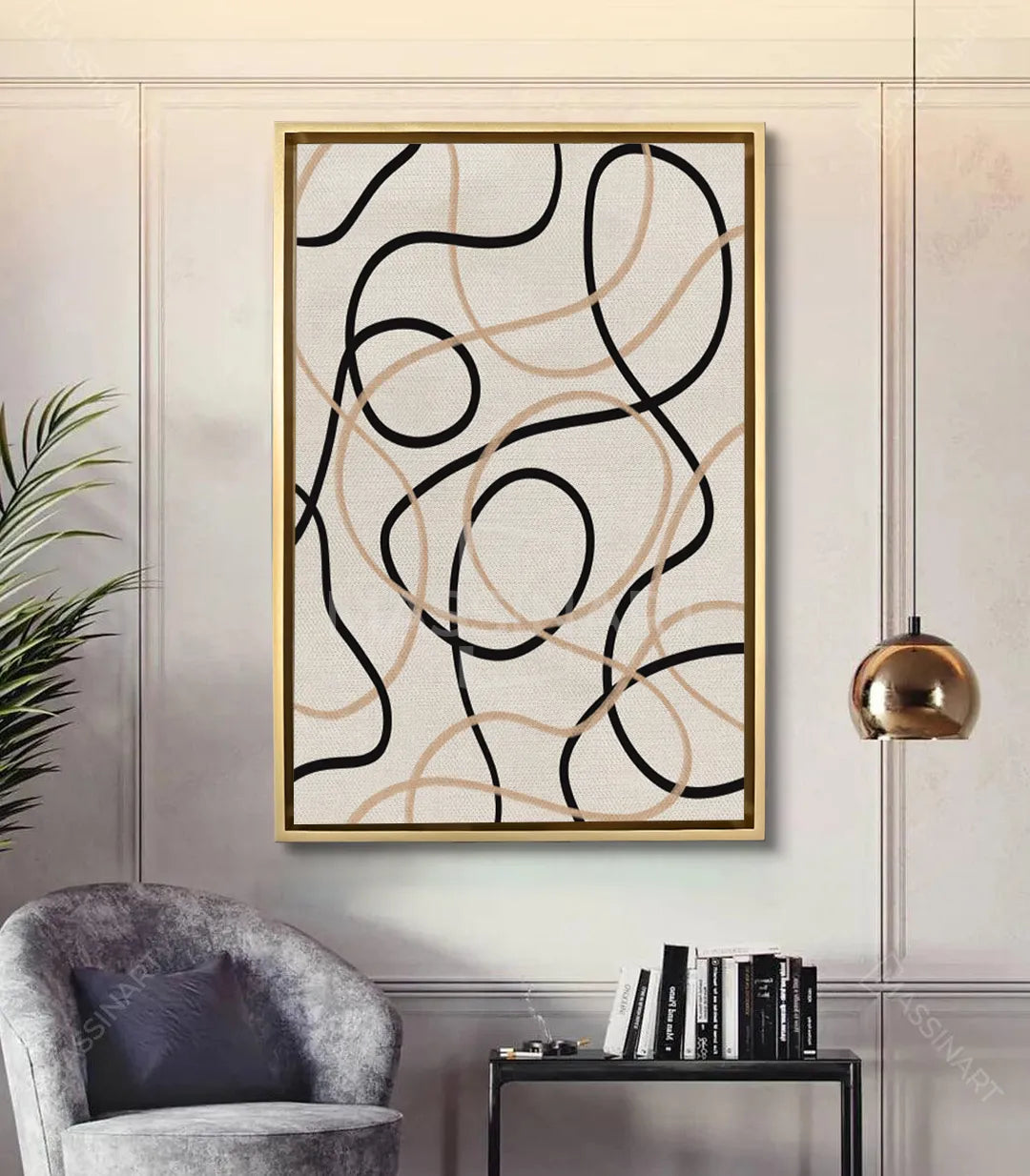 Tableau Sketch dans salon moderne avec fauteuil gris, mise en situation décoration intérieur Massinart