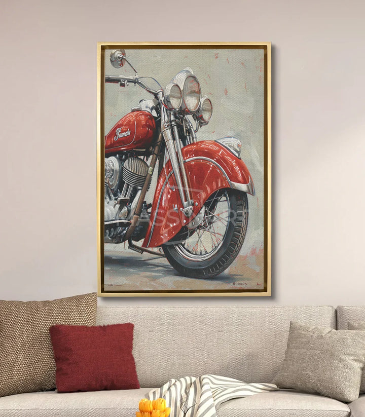 Tableau moto retro Massinart — mise en situation salon moderne
