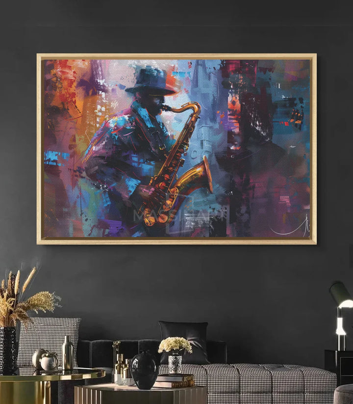 Tableau musicien saxophoniste décoration intérieur contemporain Massinart