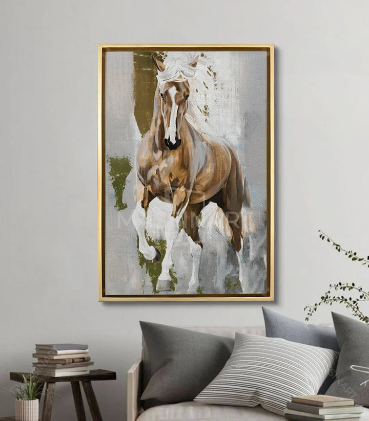 Mise en situation salon moderne, tableau cheval blanc encadré noir au-dessus canapé gris