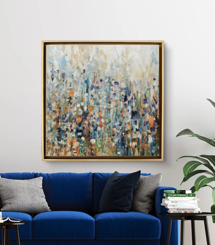 Tableau Motly mise en situation salon moderne canapé bleu Massinart