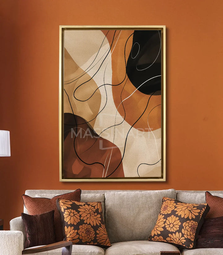Tableau Earthy décoration salon moderne Massinart — mise en situation mur terracotta