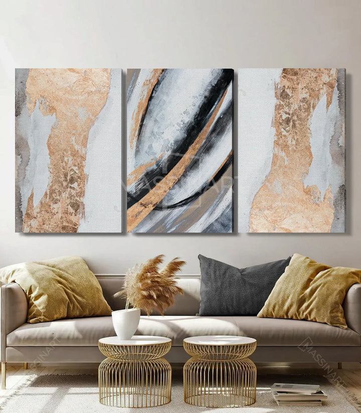 Mise en situation salon moderne tableau Aurous triptyque mur Massinart