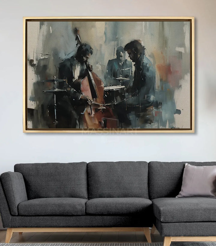 Tableau Passion en mise en situation salon moderne au-dessus canapé gris Massinart