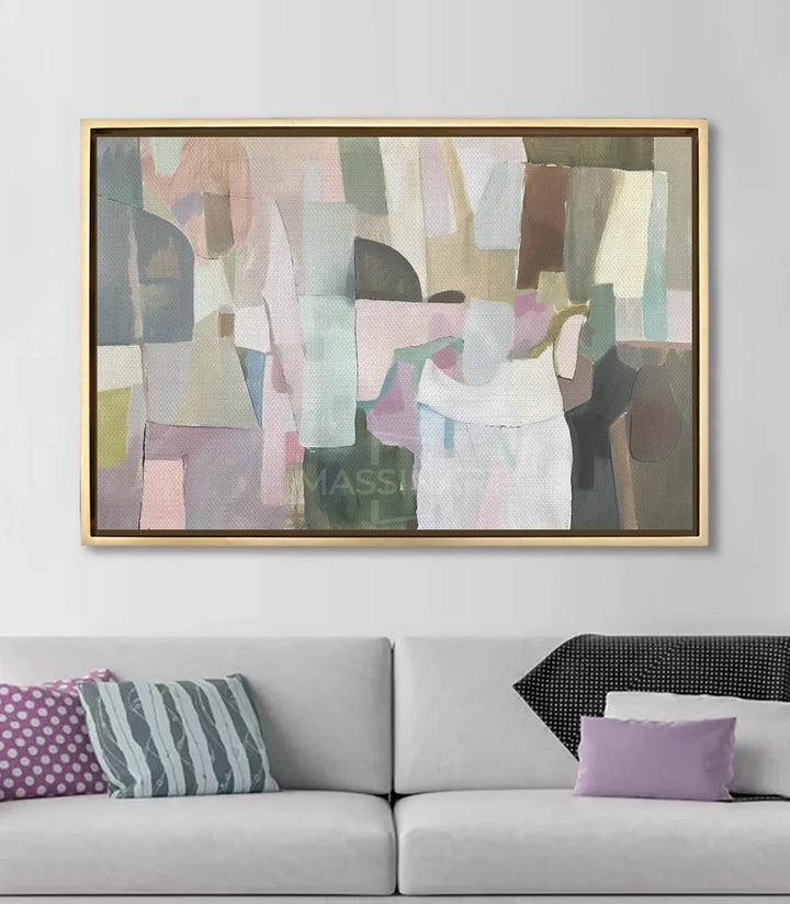 Mise en situation salon moderne avec tableau abstrait géométrique au-dessus du canapé — Massinart