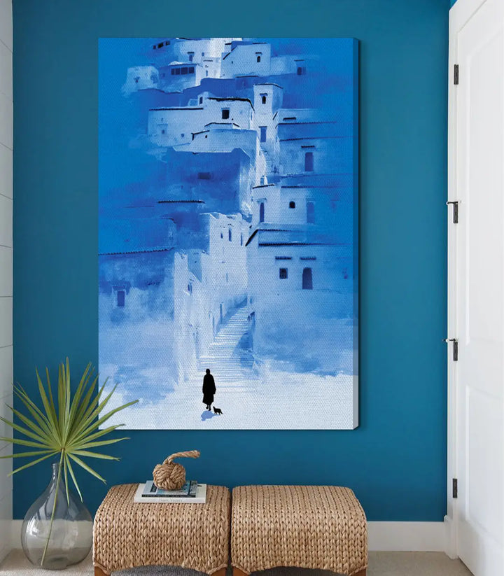 Tableau minimaliste silhouette escalier Massinart — Tons bleus et blancs