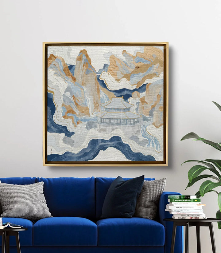 Tableau Mystic Retreat en décoration salon moderne, canapé bleu, mise en situation Massinart