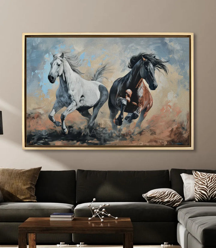 Mise en situation salon moderne — tableau chevaux sauvages horizontal cadre noir Massinart