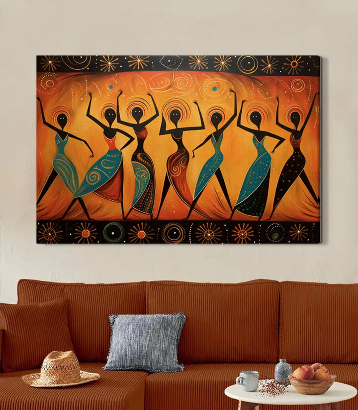 Tableau Tribal Dance en mise en situation salon — décoration intérieur moderne canapé terracotta Massinart