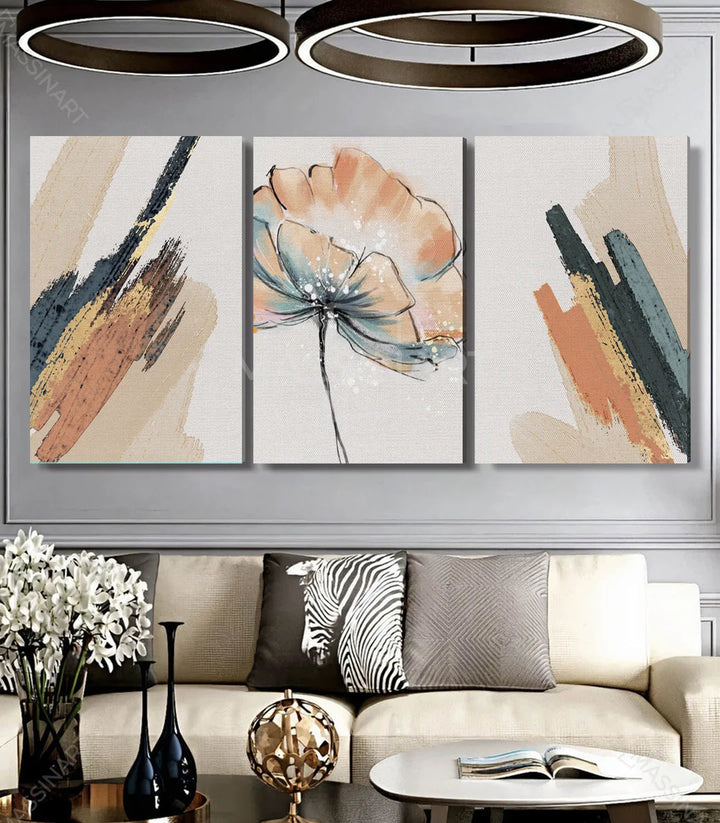 Triptyque fleurs modernes mise en situation salon Massinart