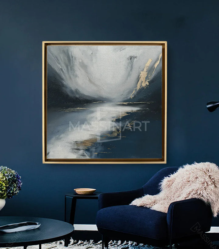 Mise en situation salon moderne - Tableau Riverside carré bleu encadré noir mur turquoise Massinart
