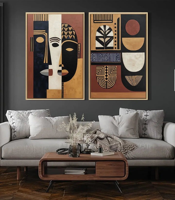 Détail composition gauche Tableau Tribalism motifs géométriques Massinart