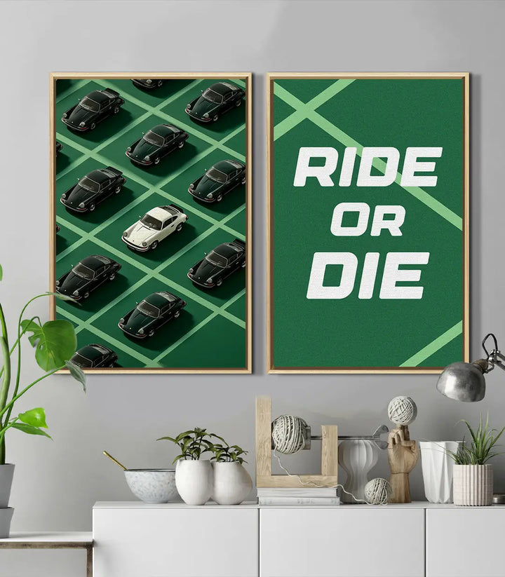 Mise en situation salon moderne diptyque Ride or Die noir blanc vert Massinart