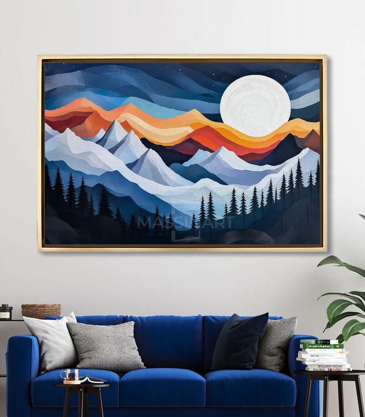 Tableau Moonlit Peaks mise en situation salon moderne canapé bleu décoration murale