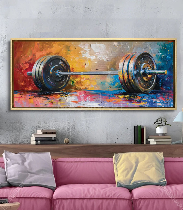 Tableau Barbel haltère fitness décoration salon moderne mise en situation Massinart