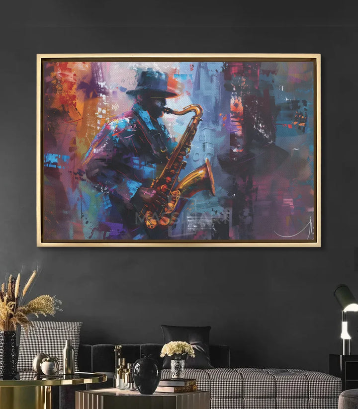 Tableau musicien jazz mise en situation salon moderne Massinart