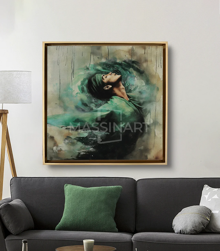 Mise en situation Salon moderne — Dervish Whirling au-dessus canapé noir Massinart