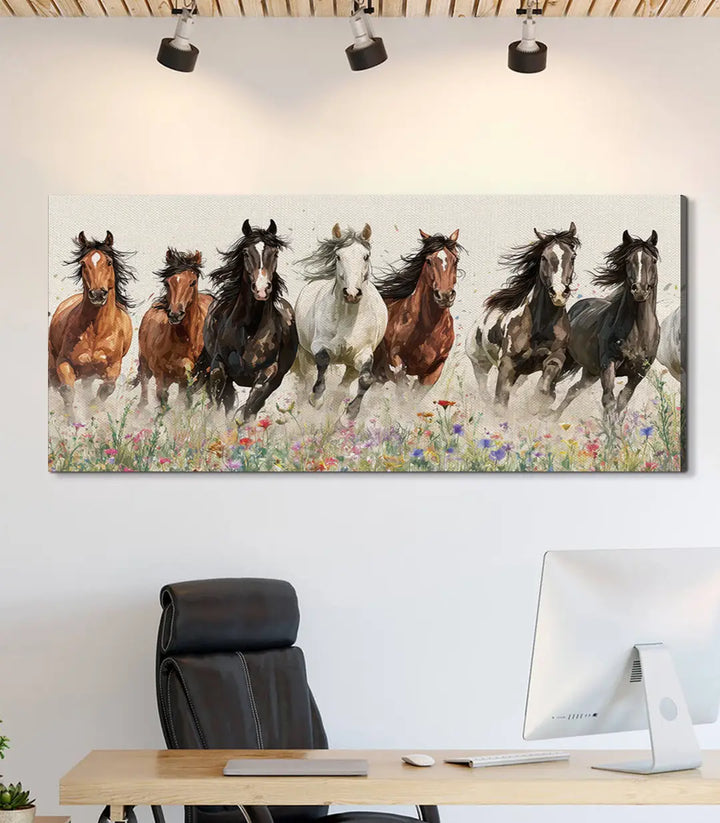 Tableau chevaux sauvages décoration bureau moderne Massinart mise en situation