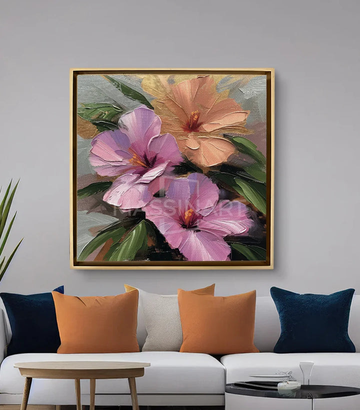 Tableau Blushing Petals Massinart — mise en situation salon moderne au-dessus canapé blanc