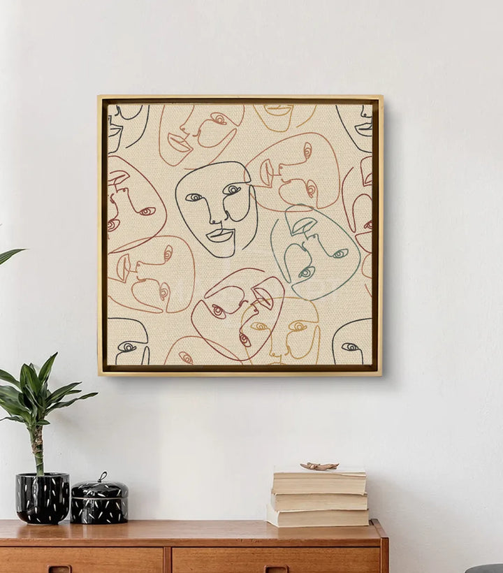 Tableau Faces Massinart — mise en situation salon moderne avec décoration intérieur épurée