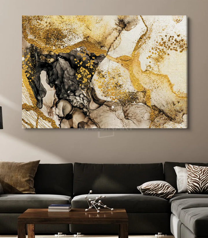 Détail tableau Inspiration — textures encre et poudre d'or sur toile minimaliste