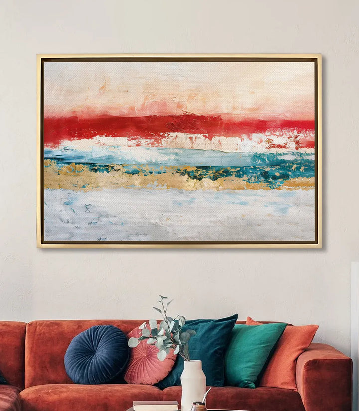 Mise en situation tableau abstrait horizon sur salon moderne rouge — Massinart