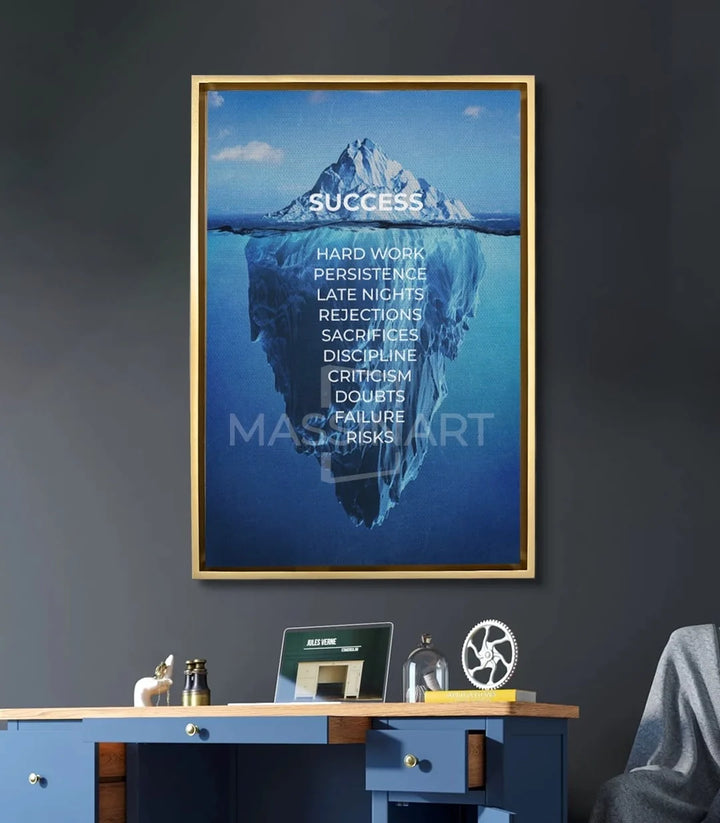 Mise en situation bureau — Tableau iceberg motivation accroché au mur gris