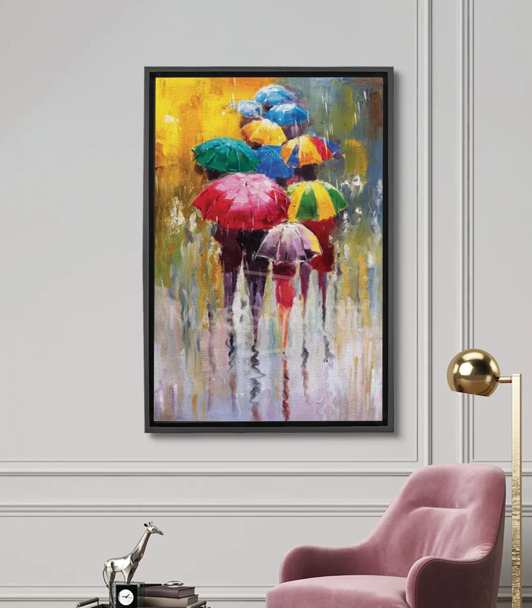 Tableau parapluies colorés pluie — silhouettes expressionnistes rouge bleu jaune Massinart