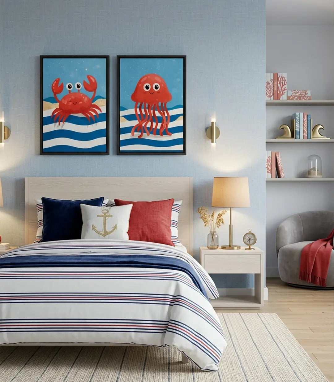 Tableau Sea Pals diptyque - crabe et méduse rouges sur fond bleu Massinart