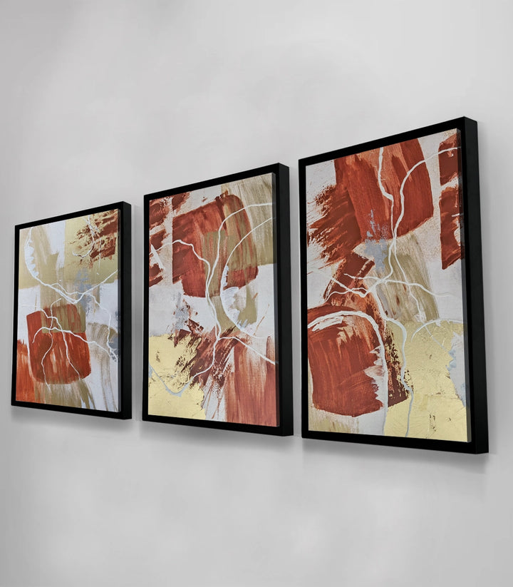 Tableau abstrait expressionniste terracotta triptyque ambiance living Massinart