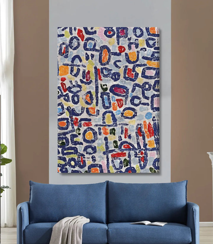 Tableau abstrait expressionniste palette bleu marine rouge orange jaune Massinart